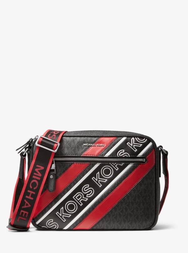 Panske Crossbody Kabelka Michael Kors Hudson Logo Embossed Stripe Camera Červené Čierne - Tasky Michael Kors Outlet | TZHOG-0647